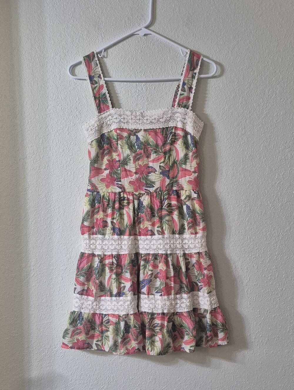 Floral Tiered Sundress with Lace Trim - Pink & Green